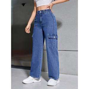 Vaqueros Cargo de Mujer Y2K Elegantes, Ecológicos y Duraderos, de Talle Alto, Azul Oscuro, Elásticos, de Mezclilla, con 6 Bolsillos, de Pierna Recta, Casuales - Product Image 2