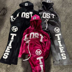 Conjunto de Chándal Personalizado Unisex de Invierno con Capucha, Estilo Urbano, de Algodón 100% Pesado, Lavado Ácido, con Parches Bordados y Efecto Desgastado - Product Image 1