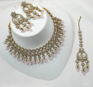 Indian Latest Round Kundan&<b>Drop</b> Fashionable Gold Stone Kundan <b>Pearl</b> Choker <b>Necklace</b> Set With Matching Earring &Mangtika Set Girl - Product Image 1