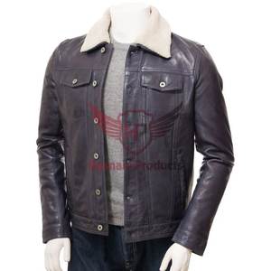 Chaqueta de camionero de cuero azul marino con estilo clásico para hombre, ropa de abrigo personalizable para invierno de alta calidad - Product Image 1