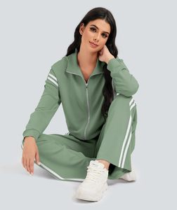 ชุดวอร์ม2ชิ้นสำหรับผู้หญิงชุดวิ่งออกกำลังกายแบบมีซิปและกางเกงวิ่งขากว้างลายสีตัดกันชุดวอร์มสำหรับเดินทาง - Product Image 1