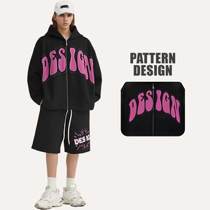 <b>Men's</b> Custom Double <b>Zip</b> Hoodie Tracksuit Breathable Cotton French Terry Jogger Set Plus Size <b>Short</b> Outfit for Winter Solid - Product Image 1