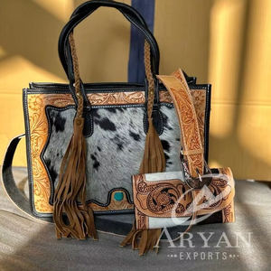 New Stylish Cowhide Fur <b>Leather</b> Color <b>Tooled</b> Fringes Tote Bag and Real Hair on Hide Color <b>Tooled</b> Fur <b>Leather</b> Clutch Combo Sets - Product Image 1