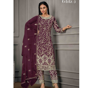 Costume de créateur Salwar Kameez Stone Dupatta vêtements indiens broderie travail filet en soie vêtements pour femmes - Product Image 3