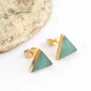 Amazing Charming Faceted Triangle Shape Aqua Chalcedony Statement Earrings 24K Gold Plated Push Back Stud Earrings Gift For Her