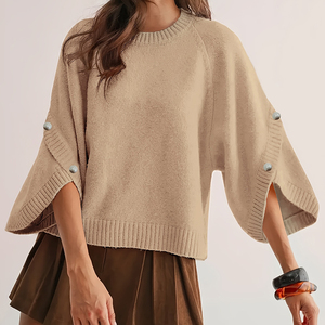 Suéter de punto al por mayor para mujer, cuello redondo, manga murciélago, transpirable, con botones, color liso, 100% poliéster, primavera, OEM, MOQ bajo - Product Image 1