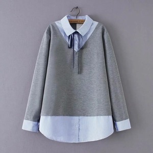 เสื้อสเวตเตอร์ลำลองไซส์ใหญ่สำหรับผู้หญิงเสื้อมีฮู้ดลายทางทรงหลวมผ้าเจอร์ซีย์ระบายอากาศได้สองชิ้นสำหรับฤดูใบไม้ผลิ - Product Image 1