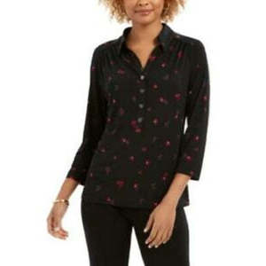 T-shirt Polo da Donna Charter Club a Manica 3/4 Stampata Nera Taglia S in Spandex Traspirante con Logo Lavorato a Maglia - Product Image 1