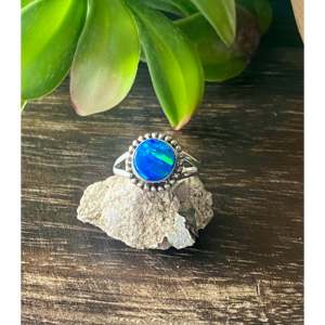 Cushion Cut <b>Blue</b> <b>Opal</b> Sterling Silver <b>Ring</b> Navajo Handmade Statement Jewelry Size 6.75 - Product Image 1