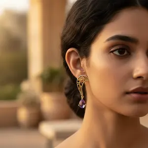 Boucles d'oreilles pendantes en or plaqué et argent avec améthyste pour femmes, style religieux classique, boucles d'oreilles créoles avec perle et diamant pour cadeau de fête - Product Image 2