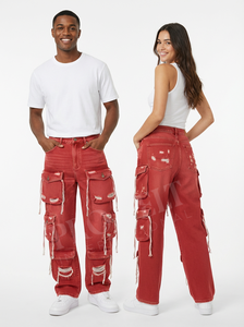 Pantalones Cargo Vaqueros con Logotipo Personalizado, Estilo Desgastado, Multibolsillos, Pierna Ancha, Estilo Urbano Americano, Pantalones Utilitarios, Estilo Casual - Product Image 3