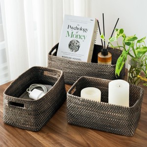 Fabricación 100% Cesta de almacenamiento de ratán natural hecha a mano Organizador de artículos diversos multiusos personalizado Caja de mimbre rectangular para el hogar - Product Image 4