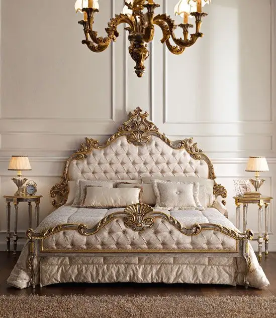 Luxury French Bedroom Style Antique Design King Size Wood Luxury Genuine Leather Bed