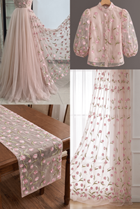 Tissu en dentelle respirant brodé de tulipes roses sur tulle transparent à motif floral pour robes, tenues de mariée et vêtements pour filles - Product Image 6