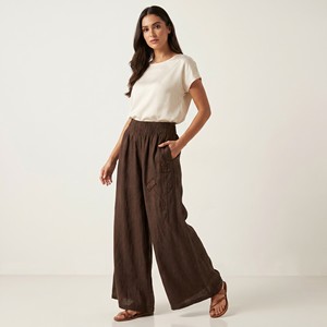 Pantalon ample avec ceinture élastique et fleur décorative, 100% lin, taille unique (tailles 38-44) - Product Image 1