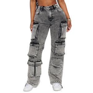 Nouveauté, jeans cargo en denim ample pour femmes, taille plus, en coton, de qualité supérieure, écologiques, avec poches, coupe régulière, fabrication OEM personnalisée - Product Image 1