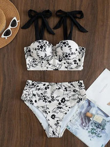 Mujeres Impreso Ropa de playa Niñas Bikini Traje de baño Mujeres Playa Niñas Swim Top Correas Deslizante Triángulo Top Acolchado extraíble Bikini - Product Image 4