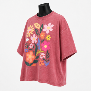 Camiseta de Algodón Extra Grande para Mujer, Cuello Redondo, Manga Corta, Estampado Floral, Corte Holgado, Estilo Primavera-Verano - Product Image 3