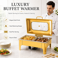 Juego de Recipientes Redondos para Buffet de Acero Inoxidable Dorado, Calentador de Alimentos Eléctrico o de Alcohol de 6L y 9L para Hoteles y Restaurantes