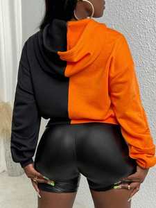 Sudadera con Capucha para Mujer, Diseño de Dos Tonos con Pedrería, Lavado Ácido, Estampado, 100% Algodón, Naranja y Negro, Estilo Urbano, Diseño de Letras Brillantes, Informal - Product Image 5