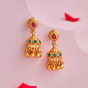 Boucles d'oreilles pendantes vintage style religieux 186510 en alliage de cuivre et laiton, avec rubis, perles et diamants, forme cloche principale, finition argentée - Product Image 2