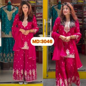 Nouveau Designer Party Wear Look Top Sharara Palazzo Suit et Dupatta Accessible à un prix raisonnable - Product Image 3