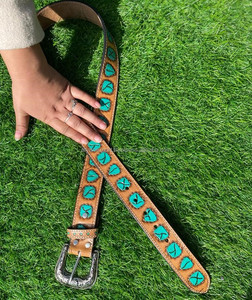 Cinturón de cuero con aspecto de piedra turquesa hecho a mano al por mayor personalizado hecho a mano para mujer cinturón floral de cuero genuino de grano completo occidental - Product Image 2