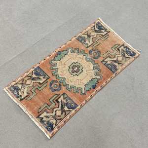 Vintage Rug, Small 1.5x3 ft Turkish Rug, <b>Brown</b> Blue Ikat <b>Wool</b> Rug - Product Image 2