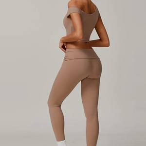 Customize <b>Seamless</b> 2pcs Yoga <b>Set</b> High Support Sports Bra One Shoulder Crop <b>Top</b> Activewear Pleated Waist Yoga <b>Leggings</b> Pants <b>Sets</b> - Product Image 6