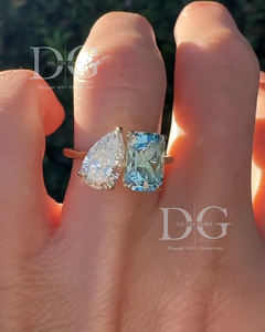 Toi Et Moi Bague de Fiançailles Vintage Blanc Bleu Deux Pierre Poire Coupe Diamant Mars Pierre De Naissance Moissanite pour Mariage ou Fête - Product Image 4