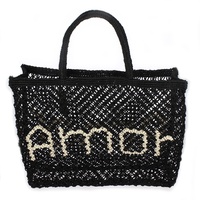 Sac fourre-tout bohème en crochet écologique pour femme, noir uni, fermeture ouverte, motif lettre Amor, sac à bandoulière pour usage quotidien estival