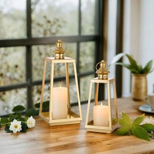 Modern Gold Metal Lantern <b>Set</b> Tapered Square <b>Candle</b> Holders for Home, Patio & Event Decor - Product Image 3
