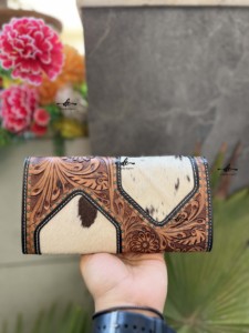 Cartera de mano de cuero de piel para ocultar el pelo, billetera tallada a mano, patrón occidental, tarjetas de cuero de vaca Vintage, billetera en efectivo, regalos - Product Image 3