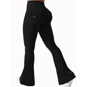 Pantalones de Yoga de pierna ancha para mujer, ropa de trabajo de compresión con sensación de desnudo, bolsillos, conjuntos de Yoga informales de verano, cintura sólida - Product Image 1