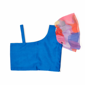 Robe de fête indienne pour tout-petits, Shoryam Fashion Girls, choli en soie bleue sans manches, jupe en organza à imprimé évasé, lehenga - Product Image 3