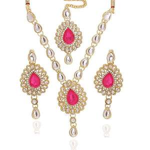 Conjunto de collar Vivant Luxury Pink Kundan con Maang Tikka, diamantes de imitación de cobre chapados en oro y diamantes para boda o regalo-1100701 - Product Image 1