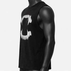 Men Sleeveless <b>Tank</b> <b>Top</b> <b>Black</b> Fang Teeth Graphic Print O-Neck Casual Streetwear Muscle Shirt Gothic Punk Style - Product Image 2