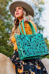 Sac à main en cuir turquoise de haute qualité pour femmes sac fourre-tout floral vintage avec tenue de fête de couleur personnalisée au meilleur prix - Product Image 3