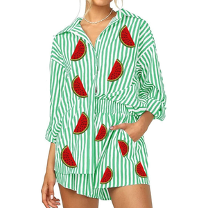 Nouveaux ensembles de coton 2 pièces pour femmes à la mode avec doublure brodée tissu été décontracté demi-manches chemise et short Logo personnalisé - Product Image 3