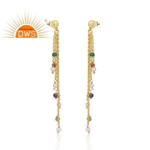 Meilleure vente de boucles d'oreilles en argent sterling plaqué or 18k naturel multi-pierres précieuses longue goutte demi bijoux fins fabricant - Product Image 3