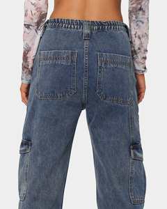 Wholesale Autumn <b>Womens</b> <b>Jeans</b> Washed Blue Flare Customer Logo High <b>Waist</b> <b>Elastic</b> Buttons Denim Pants <b>Womens</b> <b>Jeans</b> - Product Image 6