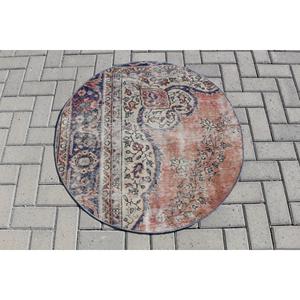 3.1x3 ft Turkish Rug, Vintage Round Rug, <b>Red</b> Blue Solid <b>Wool</b> Rug - Product Image 3