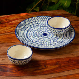 Indigo Chevron Hand-Painted <b>Ceramic</b> Dinner Plate Set Microwave Safe for 1 Serving for Hotels Low MOQ - Product Image 2
