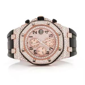 Lujo Tres Sub Dial Mecánico Iced Moissanite Diamond Rose Gold Glass Dial Window Diver Hip Hop Reloj de goma - Product Image 2