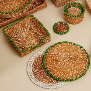 Sous-verres ronds en rotin tissés à la main avec support napperons tissés à la chaleur isolés par poterie ensemble de sous-verres écologiques - Product Image 2