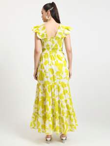 Sati usine femmes décontracté Floral Maxi robe jaune blanc motif à volants manches étage longueur robe de bal taille tombée-pour - Product Image 6