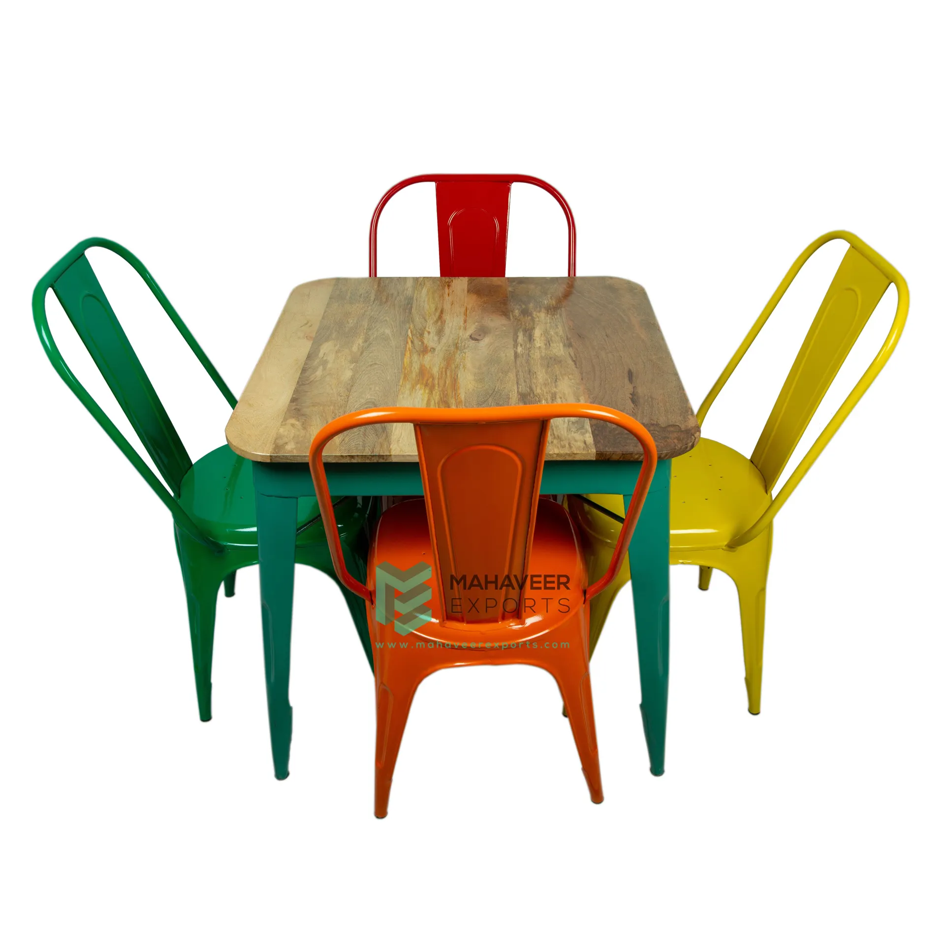ชุดโต๊ะรับประทานอาหารในร่ม-กลางแจ้ง,โต๊ะไม้สี่เหลี่ยมสไตล์ร้านอาหารพร้อมเก้าอี้สแต็ค4ตัวในสีเหลือง/เขียว/ส้ม/แดง