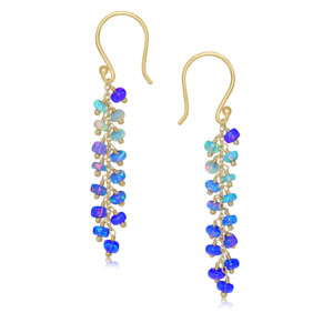 Pendientes largos de gota con cuentas de ópalo azul de Plata de Ley 925 para mujer, joyería de piedra natal llena de oro amarillo chapado en oro - Product Image 1