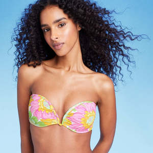 Top Bikini Bandeau da Donna Shade & Shore, Stampa Floreale Multicolore, Taglia 32B, con Filo a V e Dettagli Metallici, Decorazione a Diamante e Traforato - Product Image 1