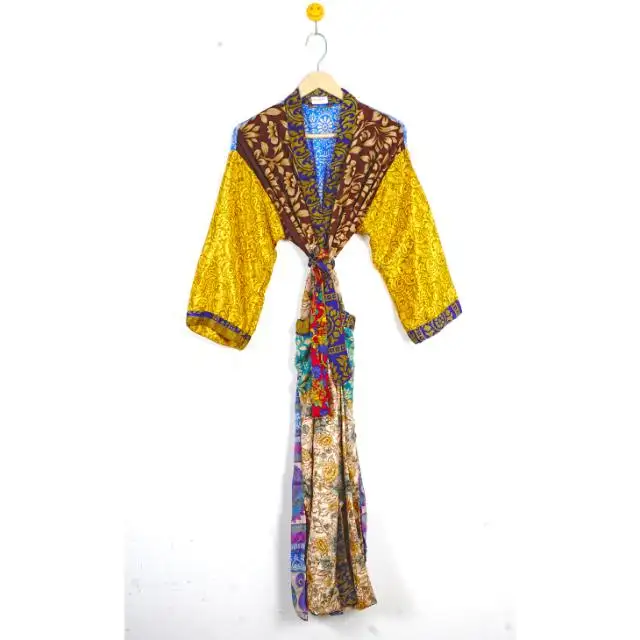 Kimono Boho kimono wanita, Kimono Vintage sutra India dengan sabuk pakaian wanita